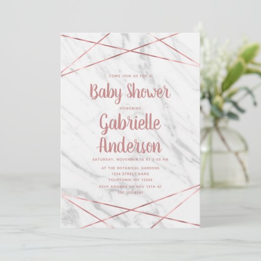 Wit Marmer Roos Gouden Lijn Baby shower Invitation Kaart (Staand voorkant)