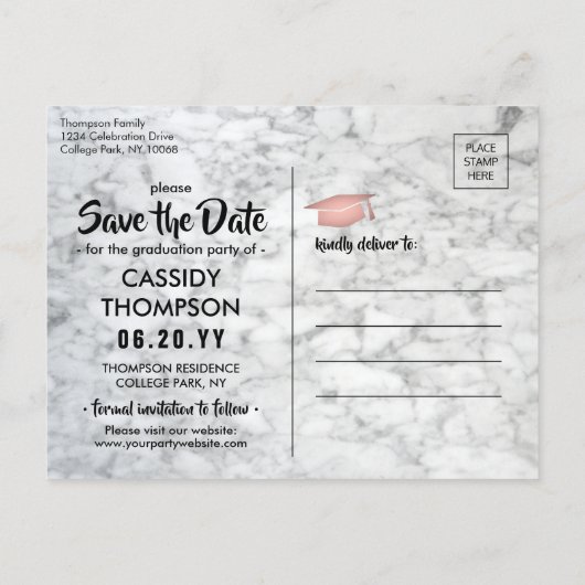 Wit Marmer & Roze Afstuderen Foto Bewaar de datum Briefkaart (Achterkant)