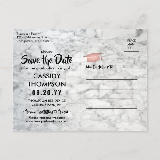 Wit Marmer & Roze Afstuderen Foto Bewaar de datum Briefkaart (Achterkant)