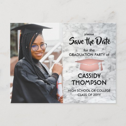 Wit Marmer & Roze Afstuderen Foto Bewaar de datum Briefkaart (Voorkant)
