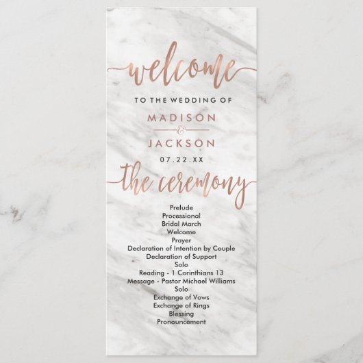Wit Marmer & Roze Gouden Elegant Huwelijksprogramm Programmakaart (Voorkant)