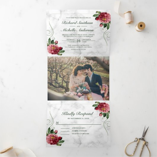 Wit Marmer Rustiek Roze Hydrangea Bloemen Huwelijk Drieluik Uitnodiging (Binnen)