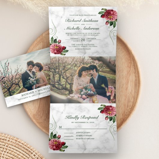 Wit Marmer Rustiek Roze Hydrangea Bloemen Huwelijk Drieluik Uitnodiging