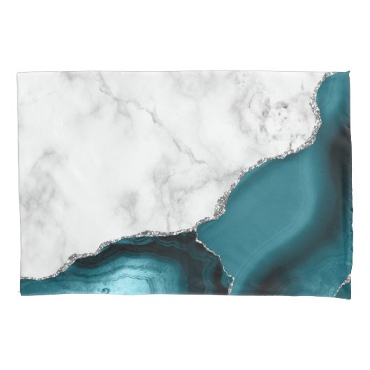 Wit Marmer Teal Blauw Agaat Zilver Kussensloop (Voorkant)