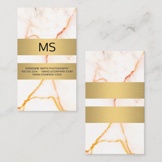 Wit Marmer Textuur Gouden Metalen Staven Zakelijk Visitekaartje (Voorkant / Achterkant)