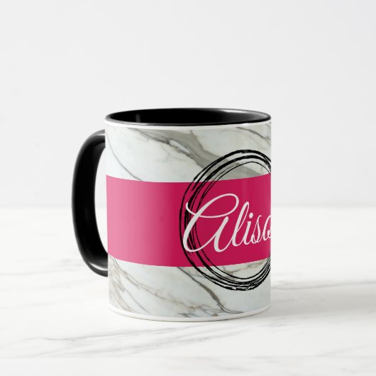 Wit marmer, trendy fuchsia gepersonaliseerde naam  mok (Voorkant links)