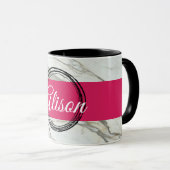 Wit marmer, trendy fuchsia gepersonaliseerde naam  mok (Voorkant rechts)