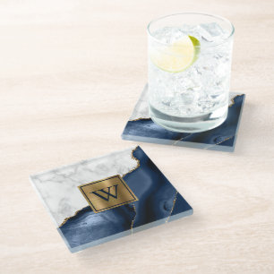 Wit Marmer Verguld Navy Blauwe Agaat Monogram Glazen Onderzetter