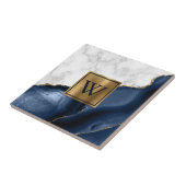 Wit Marmer Verguld Navy Blauwe Agaat Monogram Tegeltje (Zijkant)