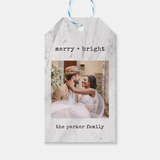 Wit Marmer | Vrolijk kerstfeest met foto Cadeaulabel (Voorkant)