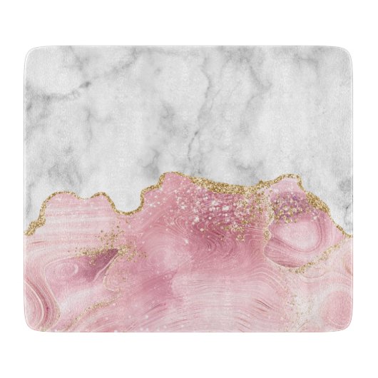Wit Marmer Zacht Roze Agate Goud Glitter Snijplank (Voorkant)
