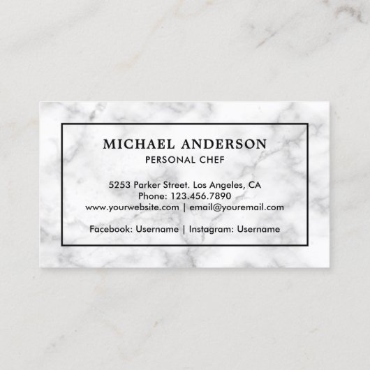 Wit Marmer Zwart Keukenmes Persoonlijke Chef Visitekaartje (Achterkant)