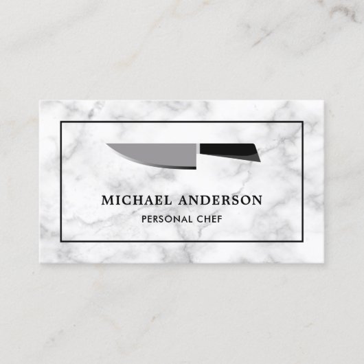 Wit Marmer Zwart Keukenmes Persoonlijke Chef Visitekaartje (Voorkant)