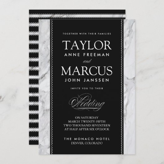 Wit Marmer Zwart Stropdas Formele Huwelijksuitnodi Kaart (Voorkant / Achterkant)