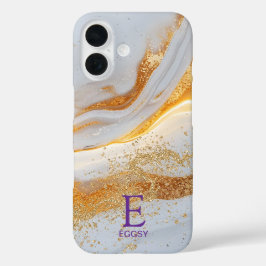 Wit marmeren chic gouden glinsterend monogram iPhone 16 hoesje