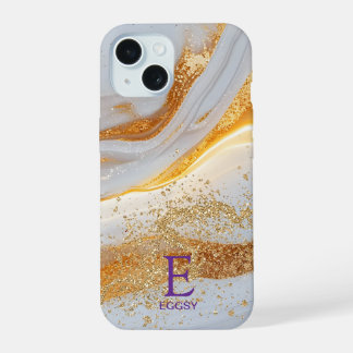 Wit marmeren chic gouden glinsterend monogram iPhone 15 case