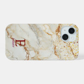 Wit marmeren chic gouden glitter monogram iPhone 15 case (Achterkant horizontaal)