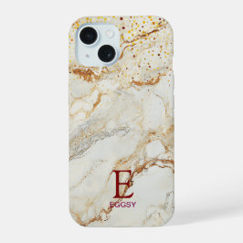 Wit marmeren chic gouden glitter monogram iPhone 15 case