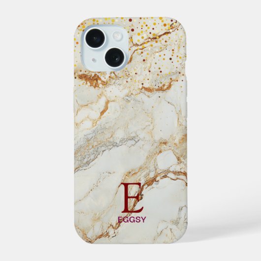 Wit marmeren chic gouden glitter monogram iPhone 15 case (Achterkant)