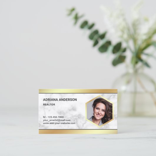 Wit Marmeren Gouden Folie Vastgoed Foto Realtor Visitekaartje (Staand voorkant)