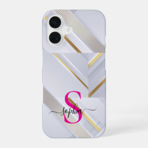 wit marmeren gouden lijnen monogram iPhone 16 hoesje