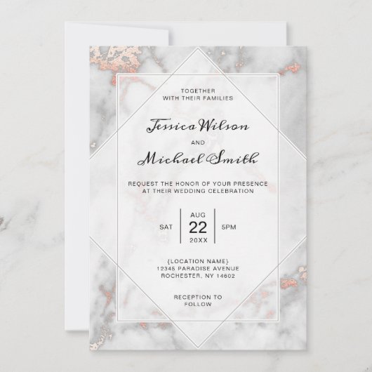 Wit Marmeren Koraal Roze Elegant Roos Gouden bruil Kaart (Voorkant)