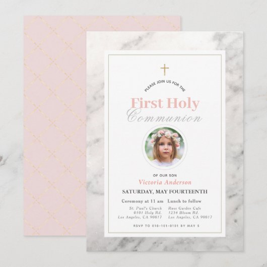 Wit Marmeren Meisje Foto Eerste Heilige Communie Kaart (Voorkant / Achterkant)