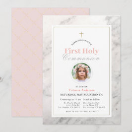 Wit Marmeren Meisje Foto Eerste Heilige Communie Kaart