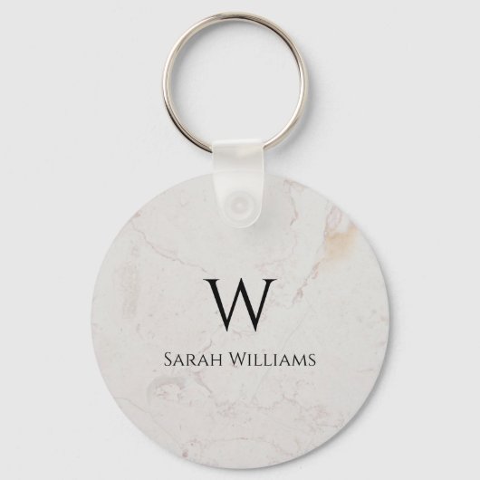 Wit Marmeren Monogram Modern Zwart Naam & Initiaal Sleutelhanger (Voorkant)
