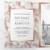 Wit Marmeren Roos Gouden Folie Foto Bruiloft Drieluik Uitnodiging (Binnenzijde eerst)