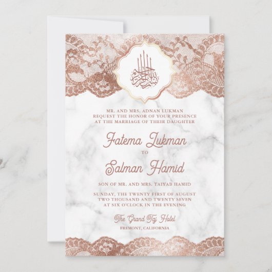 Wit Marmeren Roos Gouden Kant QR Code Moslim Bruil Kaart (Voorkant)