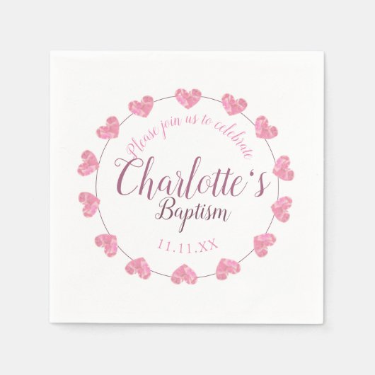 Wit meisje doop servetten met roze bloemen (Voorkant)