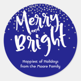 Wit Merry and Bright met marineblauw & zilver conf Ronde Sticker