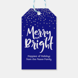 Wit Merry and Bright met marineblauwe & zilveren c Cadeaulabel
