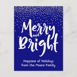 Wit Merry and Bright over Navy & Zilveren Confetti Feestdagenkaart