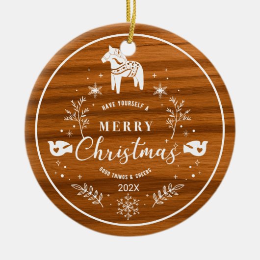 Wit Merry Christmas Ornament Mahogany Wood (Voorkant)