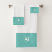 Wit met Aqua Green Grey Monogram Bath Towel Set Bad Handdoek (Insitu)