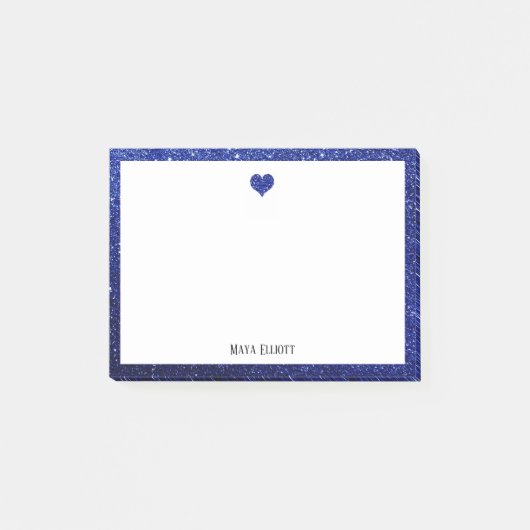 Wit met Blauw Glitter Hart & Rand w / Naam Post-it® Notes (Voorkant)