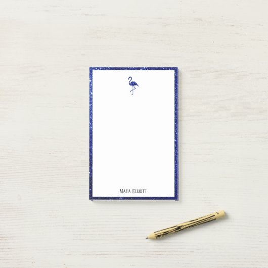 Wit met Blauwe Glitter Flamingo & Grens w/ Naam Post-it® Notes (Op bureau)