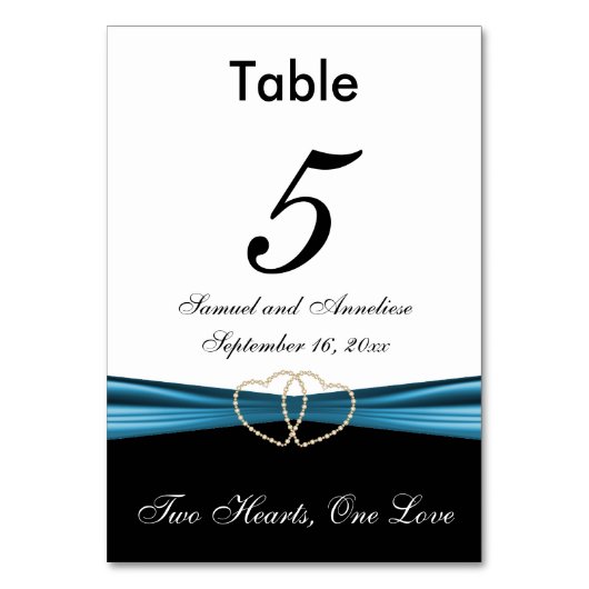 Wit met Blauwe Satijnen Lint - Tafel Nummers Kaart (Voorkant)