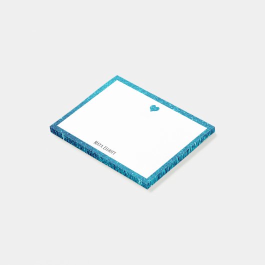 Wit met Blauwgroen Glitter Heart & Border w/ Naam Post-it® Notes (Schuin)
