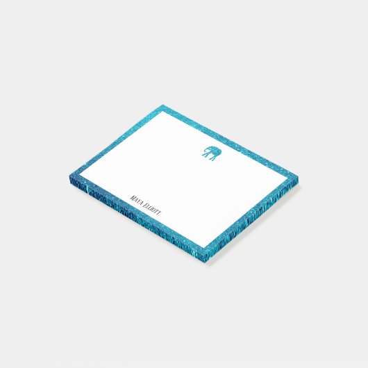 Wit met Blauwgroen Glitter Olifant & Rand w / Naam Post-it® Notes (Schuin)