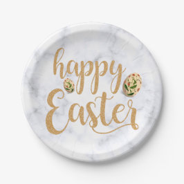 Wit met Gold Glitter Happy Pasen | Elegant Papieren Bordje