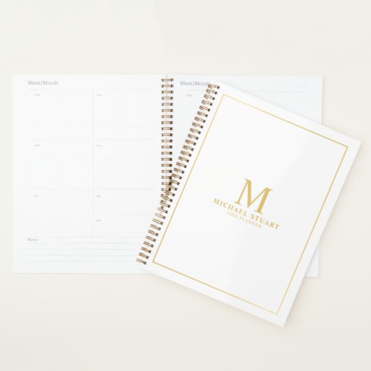 Wit met gouden Gepersonaliseerde Monogram en Naam Planner (Display)