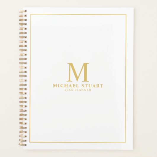 Wit met gouden Gepersonaliseerde Monogram en Naam Planner (Voorkant)