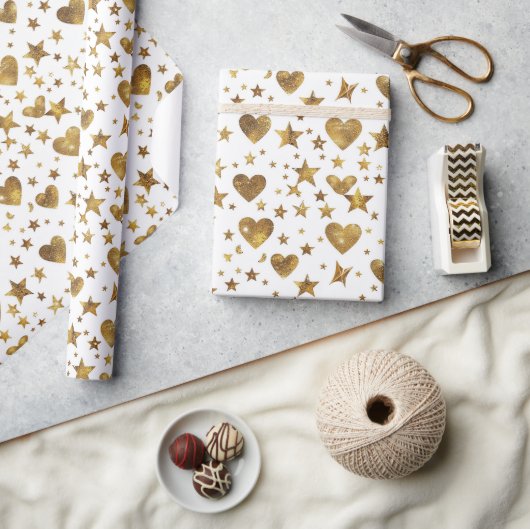 Wit Met Gouden Glitter Harten Cadeaupapier (Crafts)