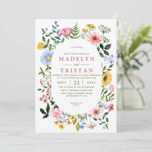 Wit met Groene Bloemen Minimalistische foto Bruilo Kaart (Staand voorkant)