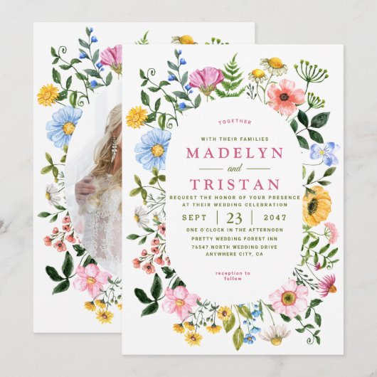 Wit met Groene Bloemen Minimalistische foto Bruilo Kaart (Voorkant / Achterkant)