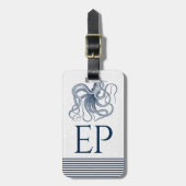 Wit met marineblauw octopus en stripes bagagelabel (Voorkant verticaal)