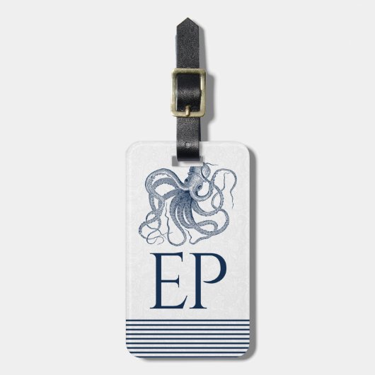 Wit met marineblauw octopus en stripes bagagelabel (Voorkant verticaal)
